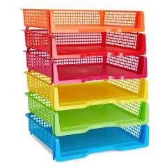 Set of 6 Rainbow Classroom Turn In Trays for Teachers, Plastic Storage Baskets for Office Use (9 x 13 x 3 In) Multicolor