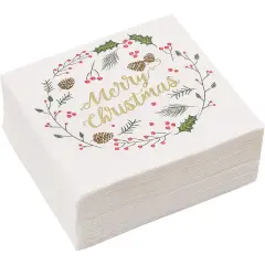 Juvale 50 Pack Merry Christmas Paper Cocktail Napkins for Holiday Party Supplies, Wreath with Gold Foil Design - 5 x 5 Inches White Napkins for Christmas Party