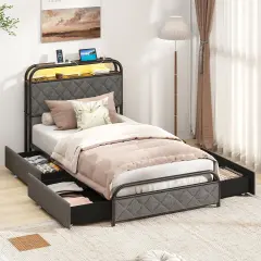 Twin/Full/Queen Size Bed Frame with LED Lights and Charging Station-Twin Size