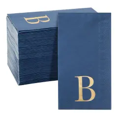 100 Pack Navy Blue Monogrammed Napkins with Letter B, Gold Foil Initial for Wedding Reception, Engagement Party (4.3 x 7.75 Inches)
