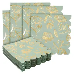50-Pack Green Paper Napkins with Gold Foil Floral Design and Scalloped Edges, Green Flower Napkins for Weddings, Baby Showers, Bridal Showers, and Garden Parties (3-Ply, 5 x 5 in)
