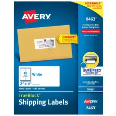 Avery Printable Shipping Labels with Sure Feed, 2" x 4" Customizable Stickers, White, 1,000 Blank Mailing Labels, Great for Mailing, Shipping, and More (8463)