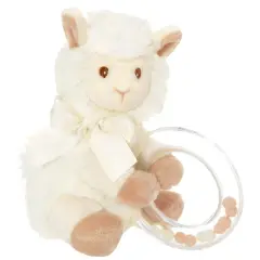 Bearington Baby Lil&rsquo; Alma Stuffed Animal Rattle: 5.5&rdquo; Llama Shaker Toy with Soft Plush Faux-Fur, Satin Bow, Clear Ring and Moving Beads; Makes a Great Baby Shower Gift White