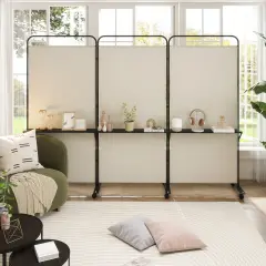 3-Panel Folding Room Divider with 3 Metal Shelves and Lockable Wheels White