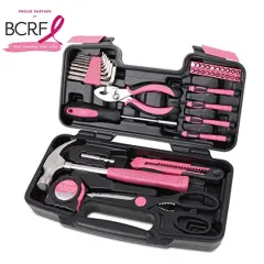 Tools Original 39 Piece General Household Tool Set in Toolbox Storage Case with Essential Hand Tools for Everyday Home Repairs, DIY and Crafts - Pink Ribbon - Pink - DT9706P