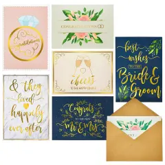 24 Pack Wedding Cards for Bride and Groom with Gold Envelopes, Engagement Congratulations, 6 Gold Foil Designs (5x7 In)