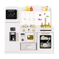 Wooden Kids Kitchen Playset with Chalkboard, Ice Maker, Sink & Lighted Microwave White