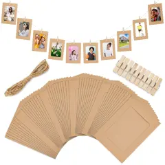 50 Pack Cardboard Picture Frames, 4x6 DIY Photo Hanging Kit with Wooden Clips and Paper String for Home Wall Decor Brown