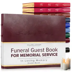 Gallery Leather Guest Book Funeral, In Loving Memory, Memorial, 192 Lined Pages, Bonded Leather, Hardcover Acadia Burgundy
