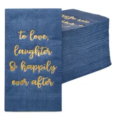 100-Pack Navy Blue Napkins for Wedding Reception with "To Love, Laughter & Happily Ever After" in Gold Script (3-Ply 4x8 in)