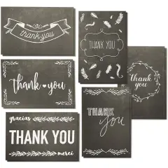 144-Count Thank You Cards with Envelopes, Blank 6 Assorted Bulk Thank You Greeting Notes Black and White Chalkboard Designs for Graduation Baby and Bridal Shower Birthday Wedding Party, 4 x 6 inches