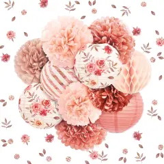 Wedding Decorations, 12PCS Rose Gold Paper Lanterns Tissue Pom Poms Confetti Decor for Bridal Shower Bachelorette Valentines Party, Rose Gold Pink Girl Birthday Party Decoration