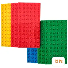 12 Pack Strictly Briks Large Building Blocks Baseplates, Big Bricks Stackable Plates 7.5 x 3.75 in for Toddlers Kids, 100% Compatible with All Major Brand Bigger Size Bricks, Basic Colors, Ages 3-14 Multicolor
