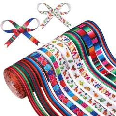 12 Rolls Fiesta Ribbon 3/8 Inch Mexican Serape Grosgrain Ribbons Colorful Stripes Pinata Cactus Guitar Decorative Ribbon for Cinco De Mayo Fiesta Party Mexican Theme Party Events, 60 Yards