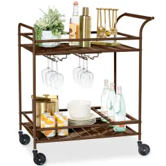 Best Choice Products 2-Tier Rolling Bar Cart Indoor/Outdoor w/ Storage Shelves, Wine Rack, Lockable Wheels Brown