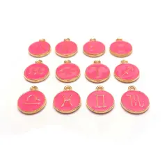 Bright Pink Enamel and Gold Zodiac/Astrology Charms, 15x12mm