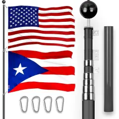 G128 Combo Pack: 20 Ft Telescoping Aluminum Flagpole (Black) & American and Puerto Rico Flags 3x5 Ft, Both ToughWeave Series Embroidered Polyester | Pole with Flags Included