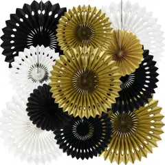 （11packs）- Black Gold White Hanging Honeycomb Round Paper Fans Decoration