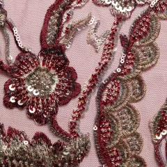 1 Yard Embroidered Beaded and Sequined Lace Fabric with Floral Pattern 50/52&Prime; Wide Burgundy