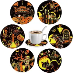 6Pcs Halloween Coasters Vintage Ceramic Coasters Pumpkin, 4.1 x 0.3 Inch