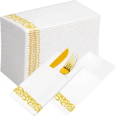 White Dinner Paper Napkins with Pocket Disposable 100 Pack Yellow Trim Linen Feel Wedding Reception Napkins Hand Paper Towels Folded Lunch Napkins for Party, Bathroom (16 x 16 inch)