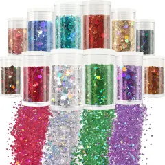 Holographic Chunky Glitter,12 Colors Assorted Craft Glitter Mixed 3mm Stars Glitter Shape Fine Glitter Powder,Bulk Chunky Nail Glitter Flake Sequin for Resin,Body Nail Art,Slime Tumbler Festival