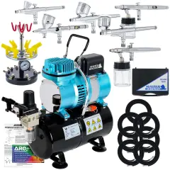 6 Master Model G22, G34 & G44 Gravity Feed, S62 & S68 Siphon Feed, S68 Side Feed Airbrushes with Air Compressor with Air Storage Tank