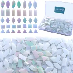 LITMIND Iridescent Glass Mosaic Tiles for Crafts, 240 Pieces 5 Shapes Mixed Stained Glass Sheets, Mosaic Kits for Adults (Iridescent White)