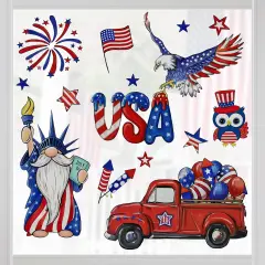 4th of July USA The Statue of Liberty Window Clings 4 Sheets, Patriotic America Red Truck Eagle Owl Stickers Decals Decor, American Fireworks Balloons Stars Stripes Home Kitchen Decorations