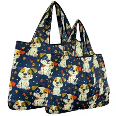 Wrapables Large & Small Foldable Tote Nylon Reusable Grocery Bags, Set of 2, Puppies and Paws