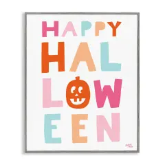 Pastel Happy Halloween Text Whimsical Pumpkin MotifFramed Giclee Art Gray