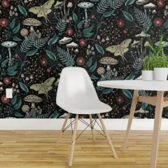 Pre-Pasted Wallpaper 2FT Wide Whimsical Gothic Woodland Forest Luna Moth Mushrooms Botanical Floral Fern Magical Whimsigoth Fungi Large Scale Moody Nature Mushroom Toadstool Custom Pre-pasted Wallpaper by Spoonflower 15628708