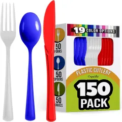 Exquisite Polished Plastic Silverware &ndash; 150 Pcs Heavy Duty Cutlery Set &ndash; 50 Each of Forks, Knives & Spoons &ndash; Disposable Utensil Set for Parties, Events & Catering &ndash; Flatware Set by Party Solids Patriotic