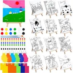 48 Pcs Kids Paint Party Favors Sets with 12 Pcs Animals Pre Drawn Canvas Panel and Wooden Easel Set