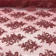 1 Yard Burgundy Sequin Lace Fabric 54&Prime; Wide Polyester Blend Embroidered Mesh