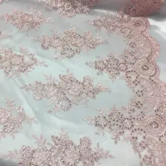 1 Yard Pink Sequin Lace Fabric Embroidered Mesh Polyester Blend for Bridal Dresses Evening Gowns 51" Width