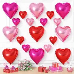 19PCS Heart Shaped Balloons - 18 Inch with 10 Inch (Rose Red + Pink + Red)