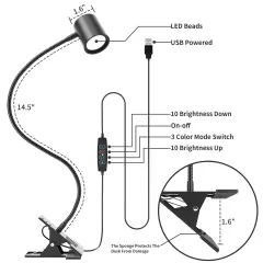 Arts Desk Lamp,USB Clip On Light,3 Color Modes,10 Brightness Levels,360&deg; Gooseneck LED Reading Light,Eye-Care for Home Office,Headboards, Black
