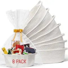 4 Pack Small Woven Basket with Handles, All 12"x 8"x 5", Cotton Rope Room Shelf Storage Basket, Cat Toys, Cute Baby Gift Basket with Gift Bags and Ribbons for Nursery, Empty Decorative Gift Chest Box