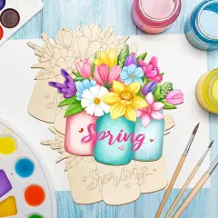 Paintable Spring Ornaments 3 Sets, Wooden Spring Ornaments to Paint, Unfinished Spring Flowers Wreaths Wood Crafts for Painting, Wood Cutouts DIY Ornaments for Kids Adults Door Decor (Spring