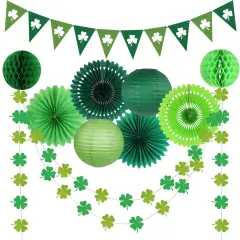 zilue St Patricks Day Decorations, Green Party Supplies Four-leaf Clover Garland Tissue Paper Fan Paper Lantern for Irish Party Saint Patricks Day Decor