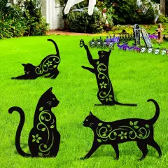 4 Pack Black Cat Silhouette Cute Metal Cat Garden Statues