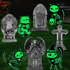 8PCS Halloween Decorations Outdoor, 4pcs Glow in the Dark Black Cat 4pcs Graveyard Tombstones Signs