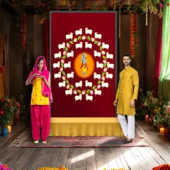 Lord Krishna Backdrop with Cow Indian Traditional Cloth Pooja Backdrop Indian Wall Art Photo Decor Banner Designer Wall Hangings Diwali Decor Wedding Housewarming Gift Brown