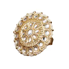 Kundan Pearl Ring with Gold Plating Vintage Round Statement Ring for Women Boho Open Wrap Finger Rings Adjustable Indian Bollywood Jewelry Hand Accessories for Wedding Party Gift White