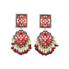 Oversized Indian Jhumka Earrings &ndash; Square Stud Jhumki, Ethnic Chandbali with Floral Print & Faux Pearls &ndash; Bollywood Dangle Jewelry for Women, Bride & Birthday Gift MAROON