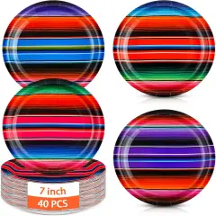 40 Pcs Mexican Paper Plates 7" Disposable Serape Fiesta Party Decoration Mexico Stripes Dessert Plate Colorful Mexico Platter Supply for Cinco De Mayo Pi&ntilde;ata Taco Dinner Tableware