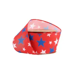 LaRibbons 2 1/2" Wired Ribbon | Red w/ White/Blue Stars | 10 Yards
