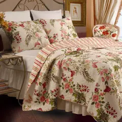 Oversized Multi-Color Quilted Coverlet Set with Floral Pattern and Reversible Design Shams Included