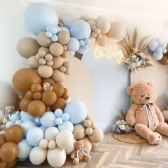Brown And Blue Balloon Garland Double Stuffed Nude Tan Light Blue Beige Balloon Latex Arch Kit for Neutral Birthday Baby Shower Teddy Bear Gender Reveal Jungle Safari Party Decorations